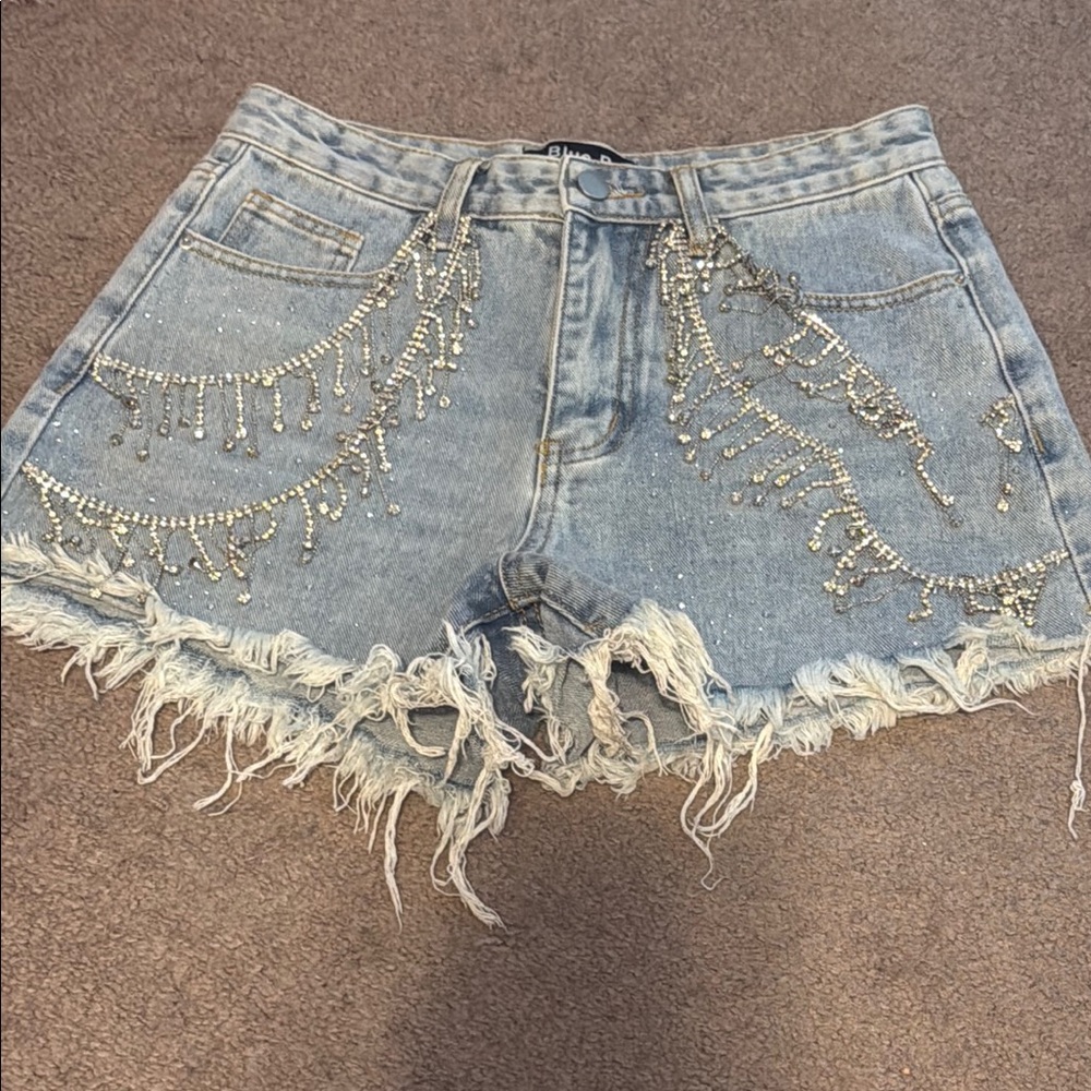 Blue B Collection Denim Rhinestone Fringe Shorts